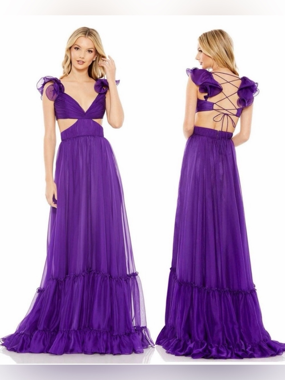 Mac Duggal 70254 Chiffon  Cut-Out floral Strappy Back Detail Tiered Ruffle gown